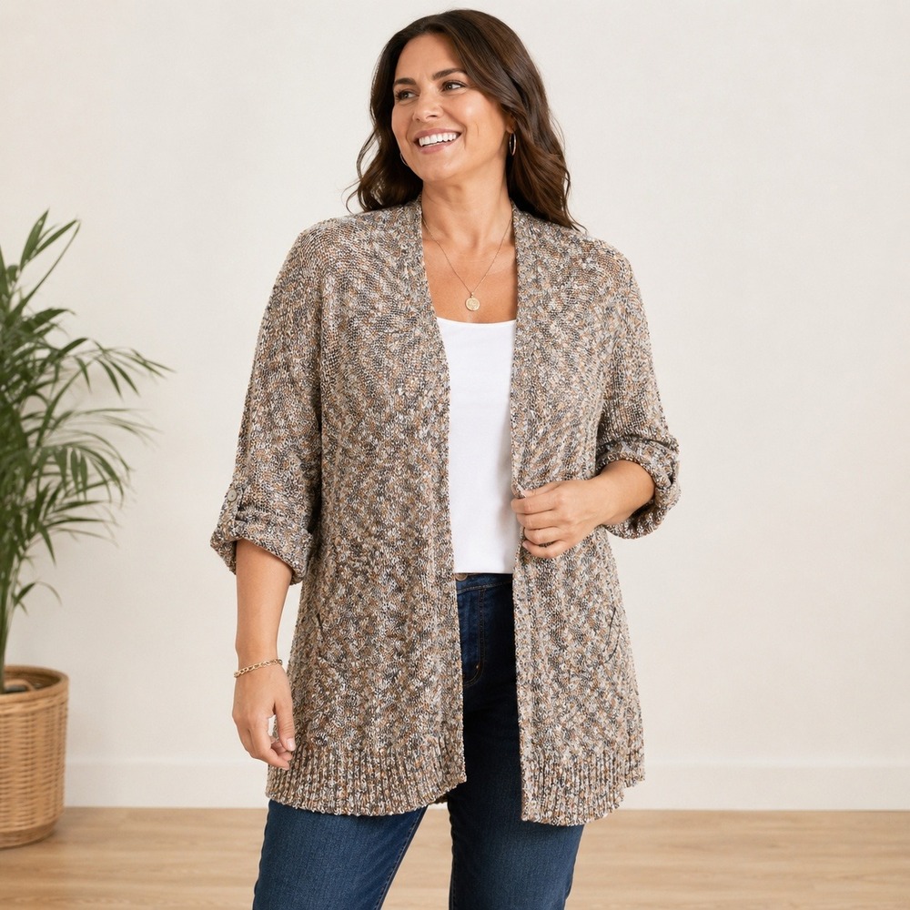 Chicos Space Dye Open Front Cardigan Brown Gold Metallic Short‎ Sleeve Size 3 XL